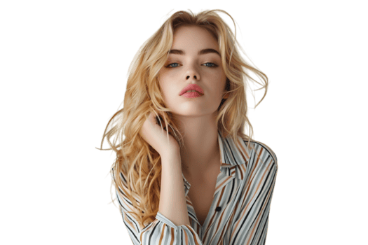 portrait-girl-looking-away-blonde-dressed-in-striped-shirt-fashion-concept-on-isolated-transparent-background-free-png